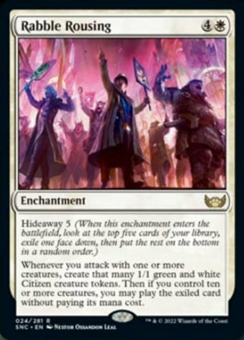 A Magic: The Gathering card named Rabble Rousing [Streets of New Capenna]. It shows a vibrant and energetic crowd with raised fists, indicating a protest or celebration. The card's white border signals it's a white enchantment spell, featuring detailed game mechanics text and the Hideaway 5 ability.
