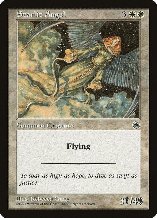A Magic: The Gathering card named "Starlit Angel [Portal]." This captivating creature features an angel with blue wings and golden hair, flying against a starry night sky. The card's cost is 3 generic mana and 2 white mana. It has the ability "Flying" and flavor text: "To soar as high as hope, to dive as swift as justice.