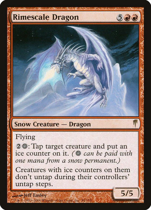 A Magic: The Gathering card named "Rimescale Dragon [Coldsnap]" features an icy dragon flying above a snowy landscape. This red Snow Creature, prominently featured in the Coldsnap set, displays its mana cost in the upper right corner. It has abilities written in the text box and is depicted as a 5/5 creature by artist Jeff Easley.