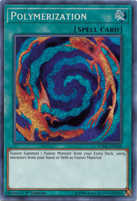 The image shows a "Polymerization [LCKC-EN026] Secret Rare" card from the Yu-Gi-Oh! trading card game. It is a Normal Spell Card with a swirling blue and orange vortex illustration. The card's description reads, "Fusion Summon 1 Fusion Monster from your Extra Deck, using monsters from your hand or field as Fusion Material.