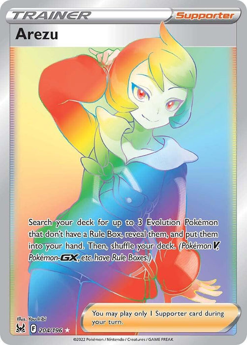 An image of a Pokémon Arezu (204/196) [Sword & Shield: Lost Origin] card titled "Arezu" from the Lost Origin series, featuring colorful artwork of a person with gradient hair and clothes in red, green, yellow, and blue hues. The card text describes an ability to search for up to 3 Evolution Pokémon without Rule Boxes. This Sword & Shield Trainer Supporter card is truly eye-catching.