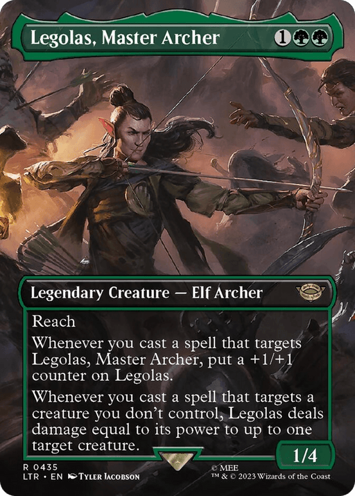 The image is a Magic: The Gathering card titled "Legolas, Master Archer (Borderless Alternate Art) [The Lord of the Rings: Tales of Middle-Earth]." This Lord of the Rings-inspired card features artwork of an elf archer aiming an arrow amid a battle scene with arrows flying around. Costing 1 generic mana and 2 green mana, this 1/4 Legendary Creature – Elf Archer has Reach and abilities to gain +1/+1 counters and deal damage to