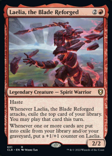 A "Magic: The Gathering" card named "Laelia, the Blade Reforged [Commander Legends: Battle for Baldur's Gate]," from Magic: The Gathering, features a legendary spirit warrior with glowing red eyes and flames. The red-bordered card details its haste ability and exile-related effects. It costs two generic and one red mana, with 2/2 stats.