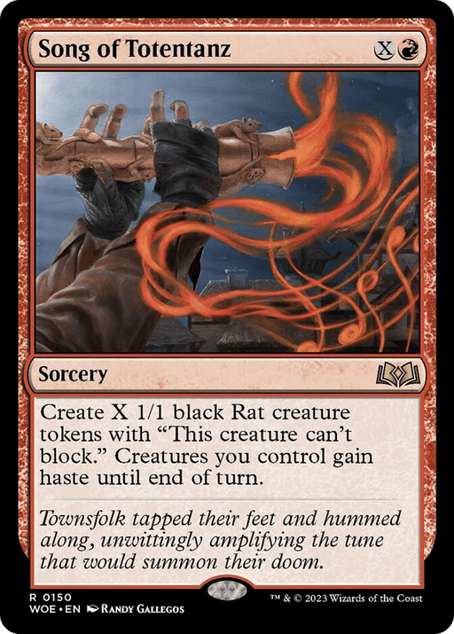 Song of Totentanz [Wilds of Eldraine]" is a rare sorcery card from "Magic: The Gathering." It features a figure playing a violin with ethereal red notes swirling around. The card text describes creating X 1/1 black Rat creature tokens and granting haste to creatures you control until the end of the turn.