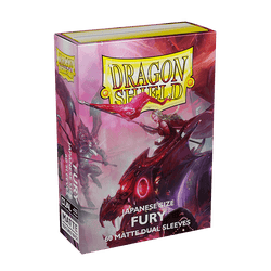 Arcane Tinmen's Dragon Shield: Japanese Size 60ct Sleeves - Fury (Dual Matte) showcases dynamic artwork of an armored warrior with a glowing weapon on a fiery beast, packaged with "60 Matte Dual Sleeves" on a vibrant red and pink background.