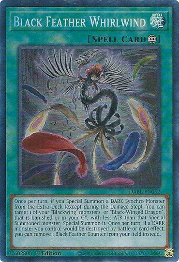 The image shows the "Black Feather Whirlwind [DABL-EN052]" Super Rare Spell Card from the Yu-Gi-Oh! trading card game. The card features artwork of a dark, swirling vortex adorned with black feathers. The effect text below describes its abilities, which involve summoning Blackwing monsters and preventing their destruction.