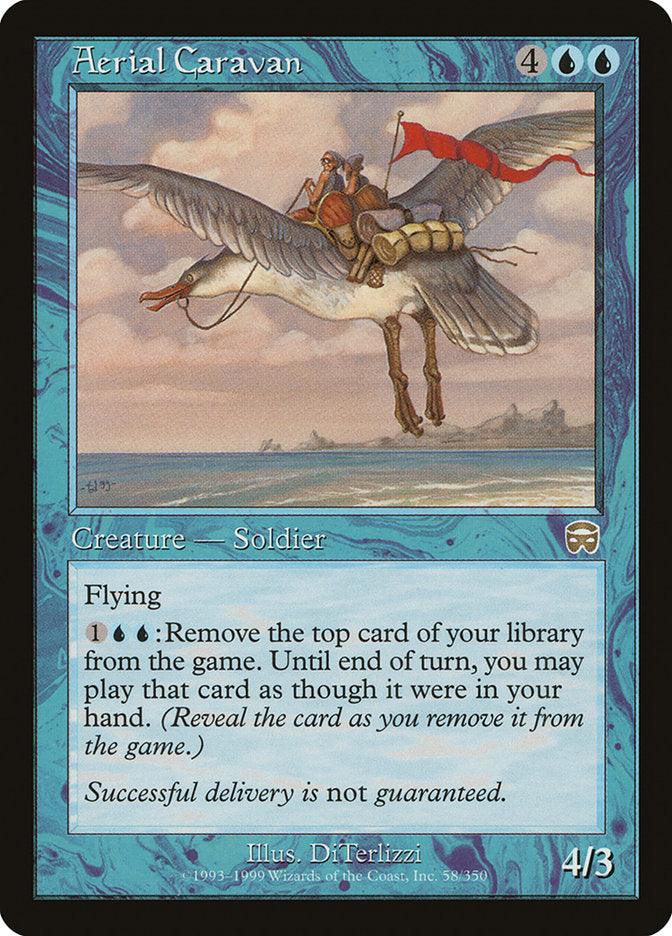 The Magic: The Gathering card "Aerial Caravan" from the Mercadian Masques set depicts a Human Soldier riding a large bird with a cargo basket. This 4/3 Creature requires 4 blue and 2 colorless mana to cast. It possesses the abilities of Flying and an activated ability. The flavor text reads, "Successful delivery is not guaranteed." Artwork by DiTerlizzi.