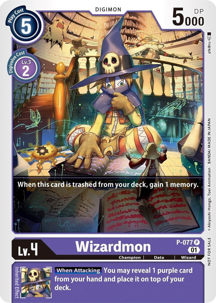 A trading card features Wizardmon, a humanoid Digimon with a large hat, yellow gloves, and a cape, holding a red book. The background includes various mystical and laboratory items. This Level 4 promotional card has 5000 DP, a play cost of 5, and an inheritable effect that reveals a purple card from the hand and puts it on top of the deck.

Product Name: Wizardmon [P-077] (Update Pack) [Promotional Cards]
Brand Name: Digimon