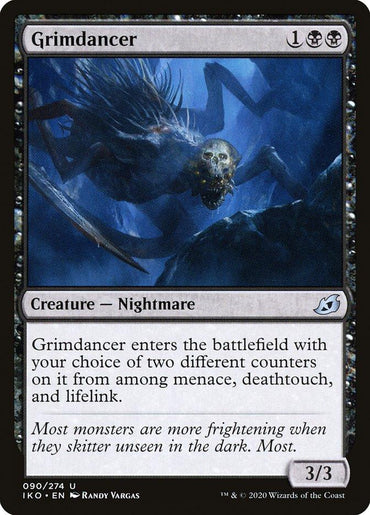 The image is of a Magic: The Gathering card named "Grimdancer [Ikoria: Lair of Behemoths]" from "Magic: The Gathering." Its card art depicts a skeletal, grotesque creature with spider-like legs against a dark, eerie background. The card text indicates it can have counters for menace, deathtouch, and lifelink upon entering the battlefield. It has a 3/