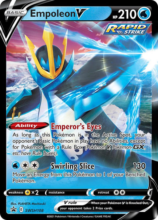 A Pokémon card from the Sword & Shield Black Star Promos featuring Empoleon V with 210 HP and the Rapid Strike label. The icy blue background showcases Empoleon confidently, boasting two abilities: "Emperor's Eyes" and "Swirling Slice," which inflicts 130 Water damage. The card number is **Empoleon V (SWSH108) [Sword & Shield: Black Star Promos]** by **Pokémon**.