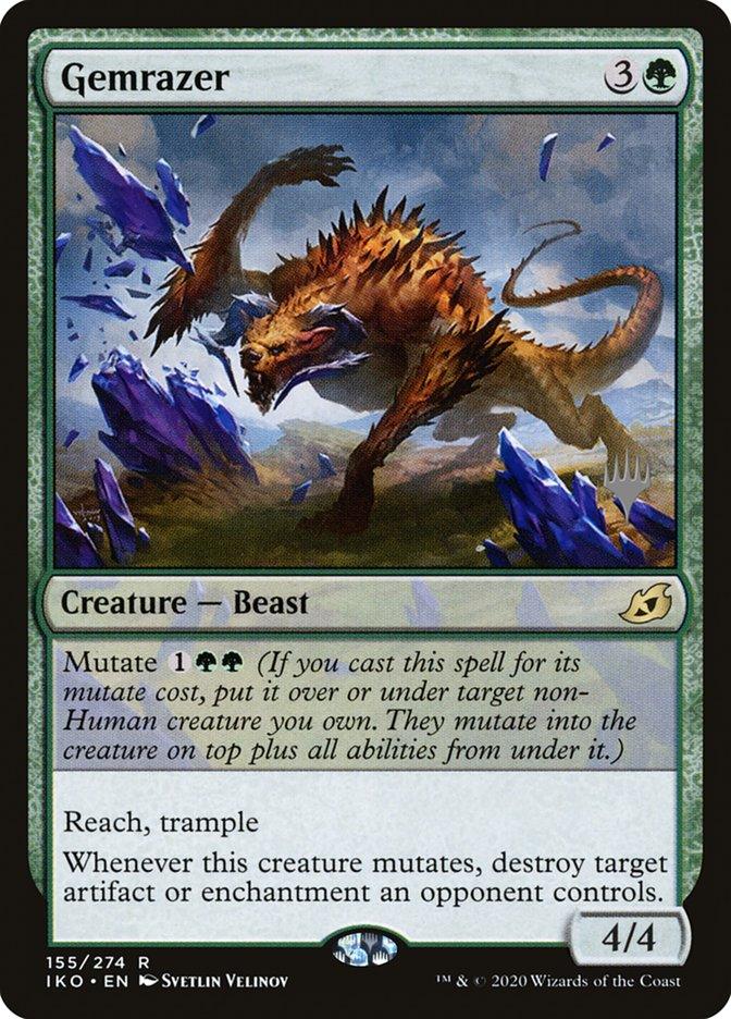 The Magic: The Gathering promo card titled Gemrazer (Promo Pack) [Ikoria: Lair of Behemoths Promos] showcases a Creature — Beast with the abilities Reach and Trample. Detailed text highlights the Mutate cost and effect, originating from the Ikoria: Lair of Behemoths set. Illustrated by Svetlin Velinov, the artwork features a fierce beast with spines leaping over rocks.