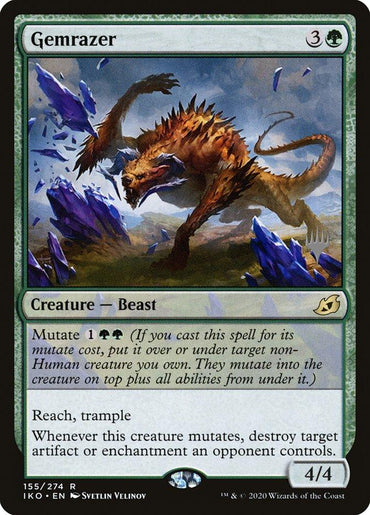 The Magic: The Gathering promo card titled Gemrazer (Promo Pack) [Ikoria: Lair of Behemoths Promos] showcases a Creature — Beast with the abilities Reach and Trample. Detailed text highlights the Mutate cost and effect, originating from the Ikoria: Lair of Behemoths set. Illustrated by Svetlin Velinov, the artwork features a fierce beast with spines leaping over rocks.