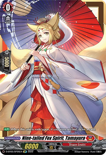 A card from the game "Cardfight!! Vanguard" features a character named "Nine-tailed Fox Spirit, Tamayura (D-BT05/SP26EN) [Triumphant Return of the Brave Heroes]." This Warbeast from the Dragon Empire, elegantly dressed in traditional Japanese attire with a red and white kimono, long blonde hair, and fox ears, is produced by Bushiroad. She holds a vibrant parasol and has a serene expression.