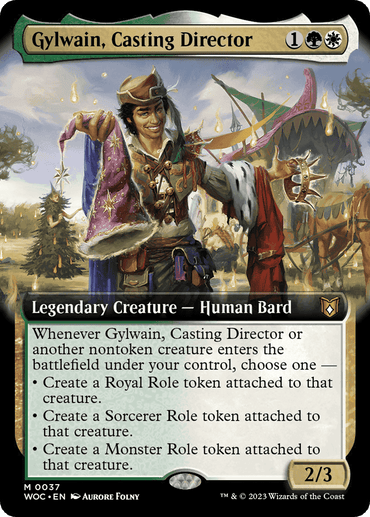 Image of a Magic: The Gathering card titled "Gylwain, Casting Director (Extended Art) [Wilds of Eldraine Commander]." This card features Gylwain in Renaissance-themed clothing with a mask and script, standing before a stage adorned with colorful banners and tents. It's a white and black Legendary Creature - Human Bard card from the Wilds of Eldraine Commander set.