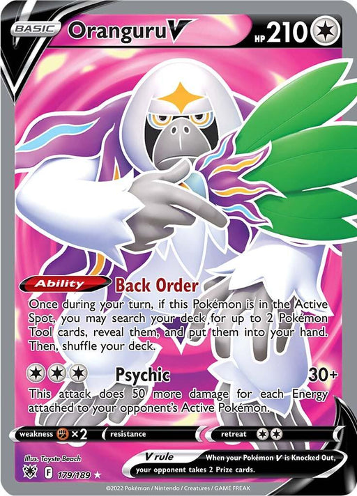 A Pokémon Oranguru V (179/189) [Sword & Shield: Astral Radiance] trading card from the Sword & Shield series featuring Oranguru V. This Ultra Rare Pokémon card showcases Oranguru, a white-furred, ape-like Pokémon holding a large green plant fan. Detailing its abilities "Back Order" and "Psychic," it boasts 210 HP and has a vibrant purple and pink Astral Radiance background.