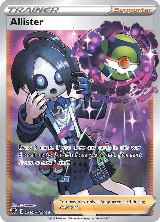 A Pokémon Trainer card from Sword & Shield: Astral Radiance featuring Allister, a character with dark hair, white and black face paint, and a dark outfit. He manipulates an aura and a green Poké Ball-like object surrounded by purple energy. This Supporter card describes his ability to draw and discard cards is named Allister (TG24/TG30) [Sword & Shield: Astral Radiance] by Pokémon.