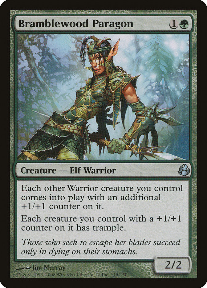 The Magic: The Gathering card "Bramblewood Paragon [Morningtide]" depicts an Elf Warrior clad in green and brown armor, wielding a sword. This creature card costs 1 green and 1 colorless mana, with power and toughness of 2/2. Its abilities boost other Warrior creatures and grant them trample.