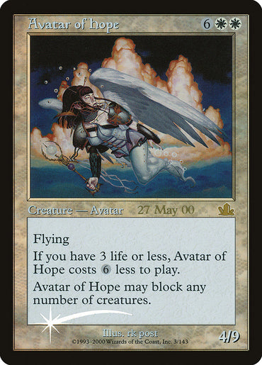 The Magic: The Gathering card "Avatar of Hope [Prophecy Promos]" depicts a winged female angel in silver armor flying through a stormy sky. It costs 6 colorless and 2 white mana, boasts flying and can block any number of creatures, is cheaper when life is 3 or less, with stats of 4/9.