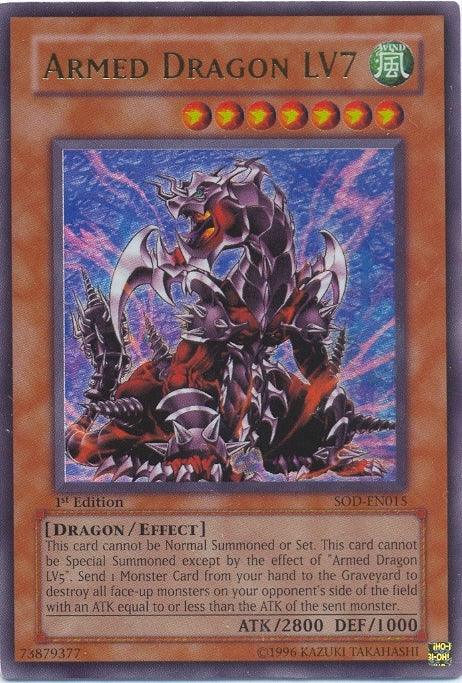 A Yu-Gi-Oh! trading card named "Armed Dragon LV7 [SOD-EN015] Ultra Rare." The card art features a futuristic dragon with armor, lightning, and a dynamic blue, purple, and black background. This Dragon/Effect Monster has ATK 2800 and DEF 1000. It’s a 1st Edition from the Soul of the Duelist set and is Ultra Rare with ID SOD