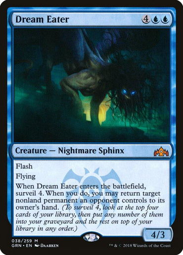 The "Dream Eater [Guilds of Ravnica]" Magic: The Gathering card from the Guilds of Ravnica set features a blue Nightmare Sphinx. With a cost of 4 generic and 2 blue mana, this creature has Flash, Flying, can surveil 4, and return a target nonland permanent to its owner's hand. It boasts a power of 4 and toughness of 3.