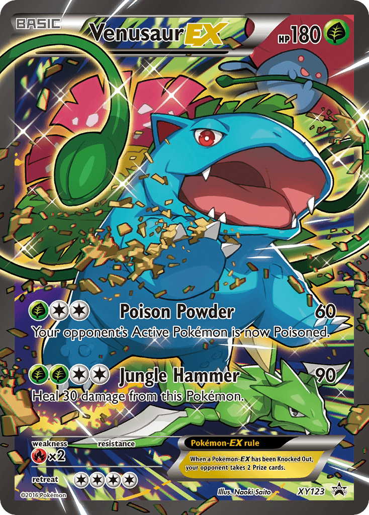 A Pokémon trading card featuring Venusaur EX (XY123) [XY: Black Star Promos] with 180 HP. The promo card shows a menacing Venusaur surrounded by vibrant green leaves. It has two attacks: Poison Powder (60 damage and inflicts poison) and Jungle Hammer (90 damage and heals 30 HP). The card, marked 