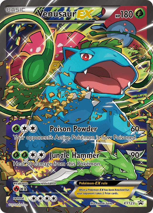A Pokémon trading card featuring Venusaur EX (XY123) [XY: Black Star Promos] with 180 HP. The promo card shows a menacing Venusaur surrounded by vibrant green leaves. It has two attacks: Poison Powder (60 damage and inflicts poison) and Jungle Hammer (90 damage and heals 30 HP). The card, marked "XY123," has a retreat cost of three Grass energy.