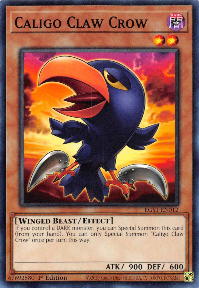 A "Yu-Gi-Oh!" trading card titled *Caligo Claw Crow [EGS1-EN012] Common* from the Egyptian God Deck. This Effect Monster depicts a dark purple crow with an orange beak and claws, wings extended with a crescent moon in the background. With 900 attack points, 600 defense points, and card number EGS1-EN012, it stands against a red background.