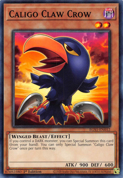 A "Yu-Gi-Oh!" trading card titled *Caligo Claw Crow [EGS1-EN012] Common* from the Egyptian God Deck. This Effect Monster depicts a dark purple crow with an orange beak and claws, wings extended with a crescent moon in the background. With 900 attack points, 600 defense points, and card number EGS1-EN012, it stands against a red background.