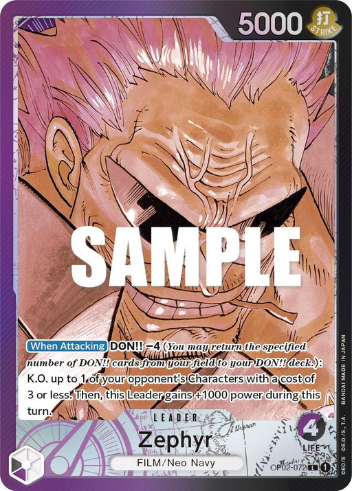 A trading card from the ONE PIECE CARD GAME featuring Zephyr (Alternate Art) [Paramount War] from Bandai. As a Leader Card, Zephyr is depicted with a menacing expression, purple background, and a power of 5000. There's sample text across the image with details on abilities and leader information visible.