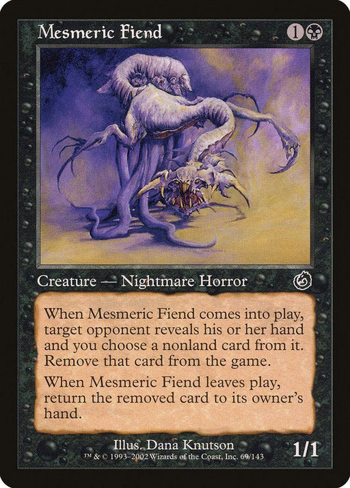 A "Mesmeric Fiend [Torment]" card from "Magic: The Gathering." This Nightmare Horror features a grotesque, multi-eyed, and tentacled creature against a dark background. Text details its tormenting abilities: it reveals an opponent's hand and exiles a card upon entering play; the card returns when the creature leaves.