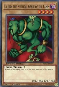 A Yu-Gi-Oh! trading card from the Battle City Box featuring "La Jinn the Mystical Genie of the Lamp [SBCB-EN090] Common." The card shows a muscular green genie with golden hooped earrings and necklace, emerging sternly from a lamp. With ATK 1800 and DEF 1000, this FIEND/NORMAL type is part of the Speed Duel series.