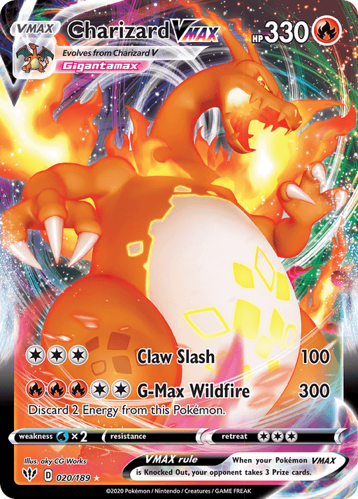 Charizard VMAX (020/189) [Sword & Shield: Darkness Ablaze], a fiery dragon-like creature with flames on its tail and mouth. This Ultra Rare card from Pokémon shows stats such as 330 HP, moves "Claw Slash" (100 damage), and "G-Max Wildfire" (300 damage). It evolves from Charizard V and is labeled as Gigantamax.