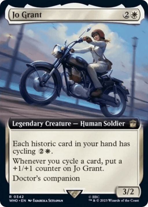 A "Magic: The Gathering" card features Jo Grant (Extended Art) [Doctor Who], a legendary creature and human soldier riding a motorcycle. The Doctor Who-inspired card has a mana cost of 2 and a white mana symbol. It offers abilities related to historic cards and cycling, with power and toughness stats of 3/2.