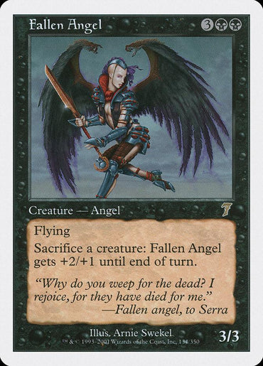 The Magic: The Gathering card "Fallen Angel" [Seventh Edition] features a winged female with dark wings and weaponry, known for flying ability and a unique sacrifice mechanic for strength; her flavor text reflects her fall from grace. Power/toughness: 3/3.