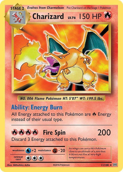A Pokémon Charizard (11/108) [XY: Evolutions] trading card depicts Charizard, a dragon-like creature with wings, breathing fire. The Holo Rare card is framed in orange, signifying its Fire type. It shows Charizard has 150 HP at Level 76, with abilities "Energy Burn" and "Fire Spin." The bottom section contains game details and illustrations by Mitsuhiro Arita.