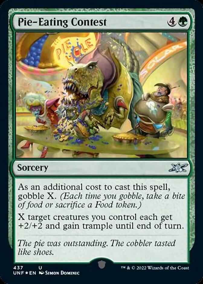 Magic: The Gathering card titled "Pie-Eating Contest (Galaxy Foil) [Unfinity]." This Uncommon sorcery's illustration features a dinosaur in a bib, surrounded by pies, competing in an eating contest. The text grants creatures +2/+2 and trample, with humorous flavor text reviewing the pie and cobbler quality.