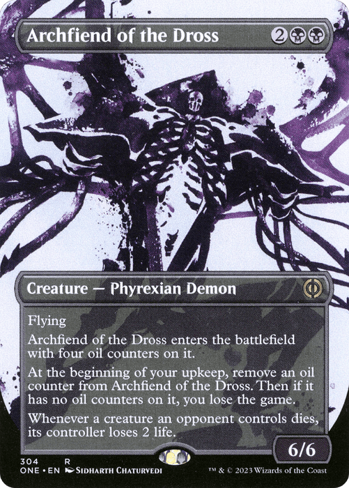 The Magic: The Gathering card "Archfiend of the Dross (Borderless Ichor) [Phyrexia: All Will Be One]," a 6/6 Phyrexian Demon, costs 2 black and 2 colorless mana. Featuring dark art of a demonic figure with multiple limbs against a purple and black background, it has flying and enters the battlefield with four oil counters.