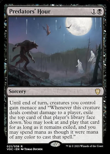 The "Predators' Hour" card from the Innistrad: Crimson Vow Commander series by Magic: The Gathering features an eerie night scene beneath a full moon. A werewolf-like creature howls atop a hill as ghostly figures float in the background. This rare Sorcery's text details its effects, and the card's black border is adorned with mystical patterns.