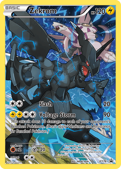 A Pokémon card features Zekrom, a large, black, dragon-like creature with blue accents and lightning bolts emanating from its body. It has 120 HP and its moves, Slash and Voltage Storm, are displayed. This Zekrom (XY76) [XY: Black Star Promos] card is part of the 2015 Pokémon collection and includes its weaknesses and retreat cost.