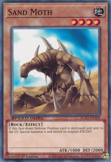 A trading card featuring "Sand Moth [SGX3-ENA09] Common" from the Yu-Gi-Oh! brand, highlights an Earth attribute Rock/Effect Monster with 1000 ATK and 2000 DEF, popular among Duelists of Shadows. This giant, muscular, worm-like entity with sharp claws and a segmented body emerges from a sandy environment. The card text describes its special ability in Speed Duel GX.