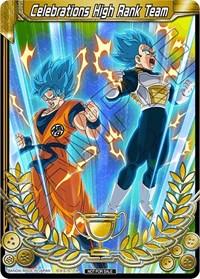 Two animated characters in battle stances, surrounded by electric sparks. Both have spiky blue hair. The character on the left wears an orange gi with a blue undershirt, while the character on the right wears a black and white battle suit. Text at the top reads "Celebrations High Rank Team (Celebrations 2019 - Merit Card - Top 50) [Tournament Promotion Cards]." Discover their rarity in Dragon Ball Super!