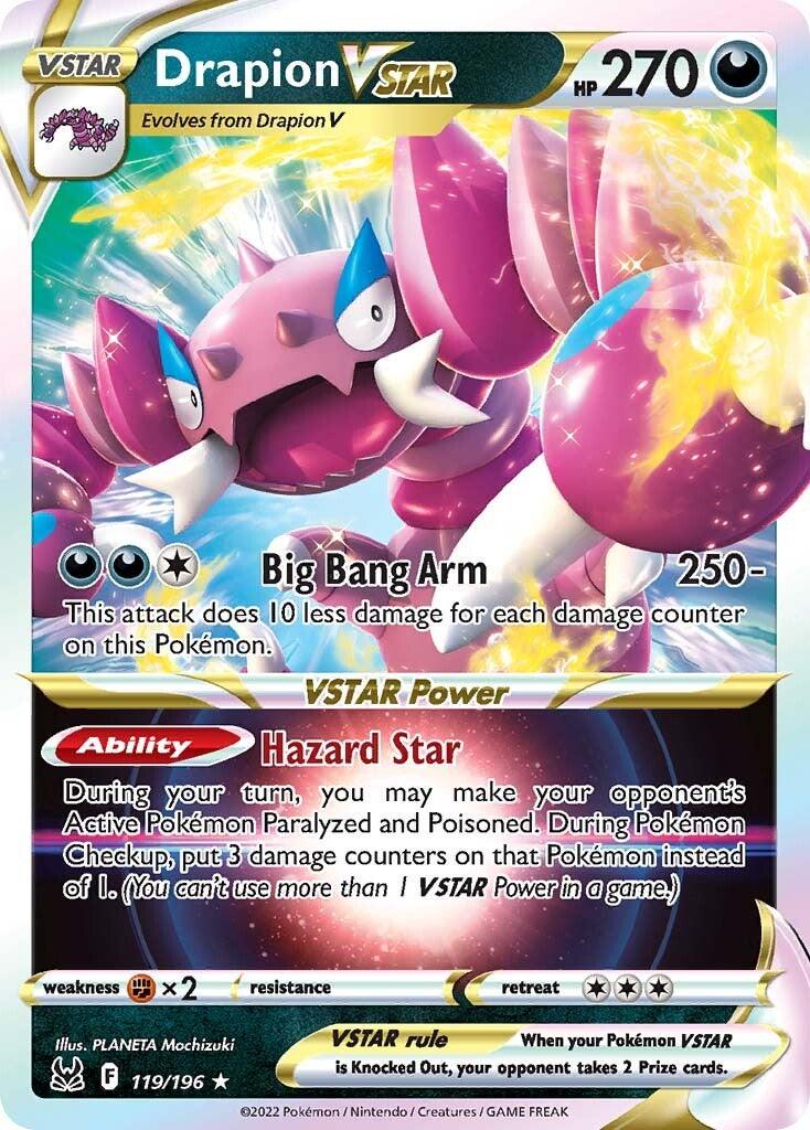 A Pokémon Drapion VSTAR (119/196) [Sword & Shield: Lost Origin] card featuring Drapion VSTAR from the Sword & Shield: Lost Origin series. Drapion is depicted in a dynamic pose with glowing red eyes. The Ultra Rare card details include 270 HP, an attack named 