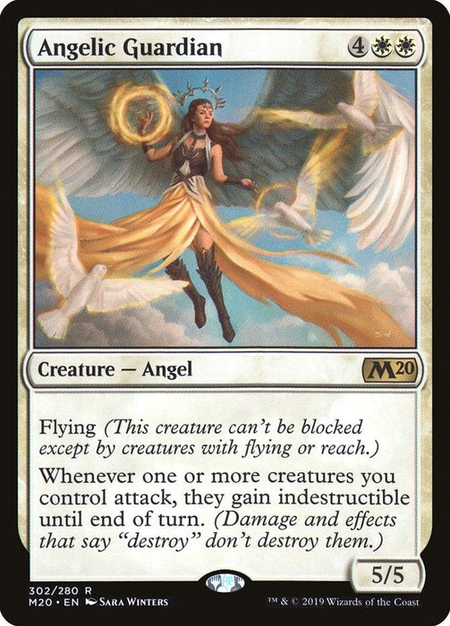 Image of "Angelic Guardian [Core Set 2020]" Magic: The Gathering card from the Core Set 2020. The Creature — Angel is depicted with a sword, adorned in a white and gold dress, wings spread wide. Text reads: “Whenever one or more creatures you control attack, they gain indestructible until end of turn.”