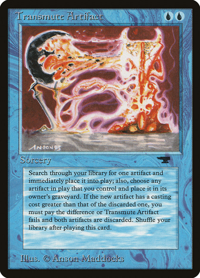 Transmute Artifact" from Magic: The Gathering's Antiquities set features abstract artwork highlighted by swirling blue, orange, and red hues forming a mystical shape. To cast this blue sorcery, you need to spend two blue mana, which grants the ability to select an artifact with the option of placing it in the graveyard depending on its mana value.