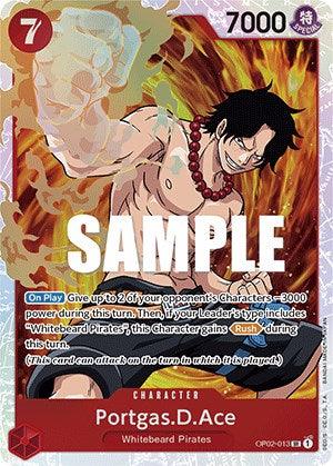 A Bandai Portgas.D.Ace [Paramount War] trading card featuring "Portgas.D.Ace" from the "Whitebeard Pirates." Ace is depicted shirtless, with tattoos and flames on his hands. The card boasts a power of 7000, a cost of 7, and special abilities. The word 'SAMPLE' is stamped across the image.