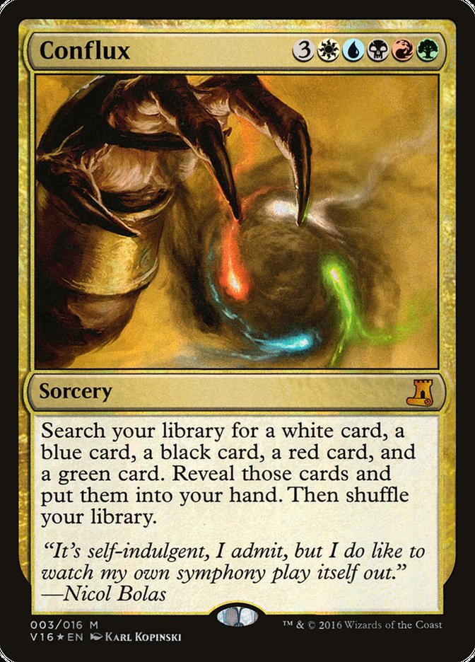 The "Conflux" card from Magic: The Gathering, part of the legendary "From the Vault: Lore" collection, showcases artwork depicting a hand releasing swirls of colored energy—white, blue, black, red, and green. This sorcery card requires five mana and includes a quote that describes its purpose.