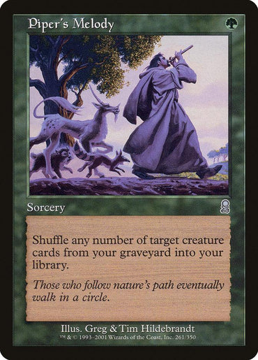 A Magic: The Gathering product titled "Piper's Melody [Odyssey]" with an illustration of a robed figure playing a flute, leading enchanted animals. The green-bordered Odyssey card is a sorcery type with text that allows shuffling any number of target creature cards from your graveyard into your library.