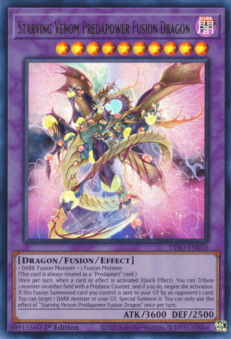A Yu-Gi-Oh! Ultra Rare trading card featuring "Starving Venom Predapower Fusion Dragon [DIFO-EN036]." The card has a dark purple border, signifying it is a Fusion Monster. The dragon is multi-colored with a serpentine body, large wings, and multiple heads. The dragon's stats are ATK 3600 and DEF 2500.