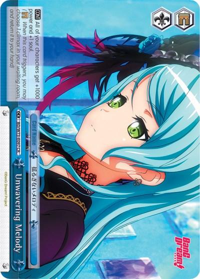 The Climax Rare trading card "Unwavering Melody (BD/W73-E097 CR) [BanG Dream! Vol.2]" by Bushiroad features an anime girl with long blue hair adorned with a red ribbon. Her green eyes gaze upward, and she is dressed in a black outfit with gold accents. The background showcases light blue crystals. The text on the card includes her abilities and name, "Unwavering Melody.