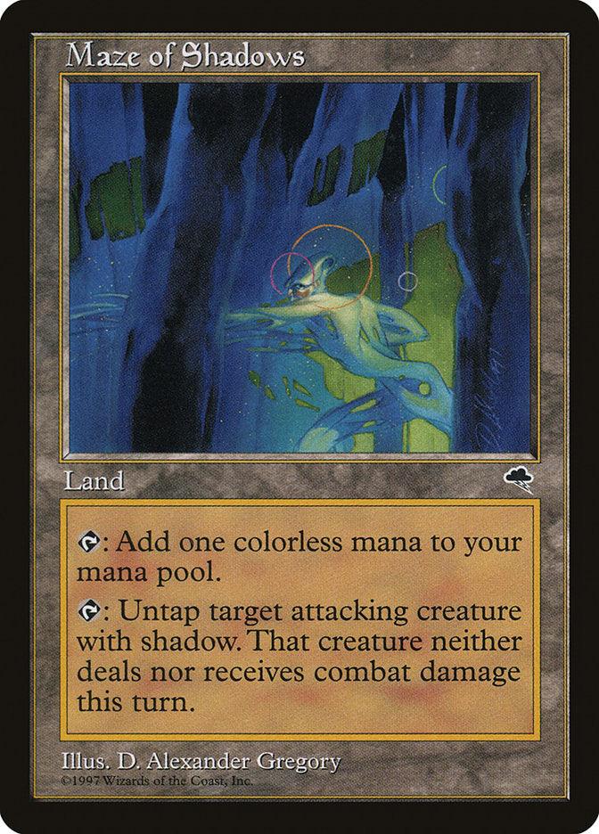 The Maze of Shadows [Tempest] from Magic: The Gathering is an intriguing land card depicting a shadowy and mysterious passage. It provides colorless mana and lets you untap an attacking creature with shadow, ensuring it neither deals nor receives combat damage that turn.